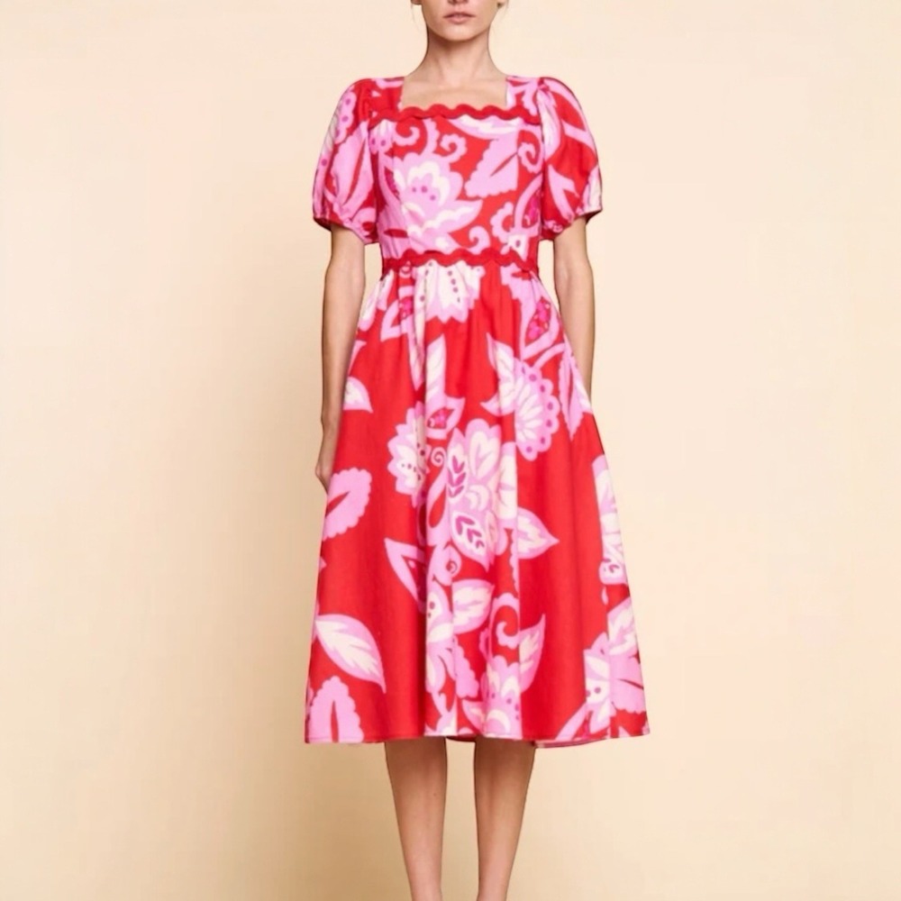 Ciebon‎ Women's Mitzi Floral Midi Dress Open Back Puff Sleeve Sz L